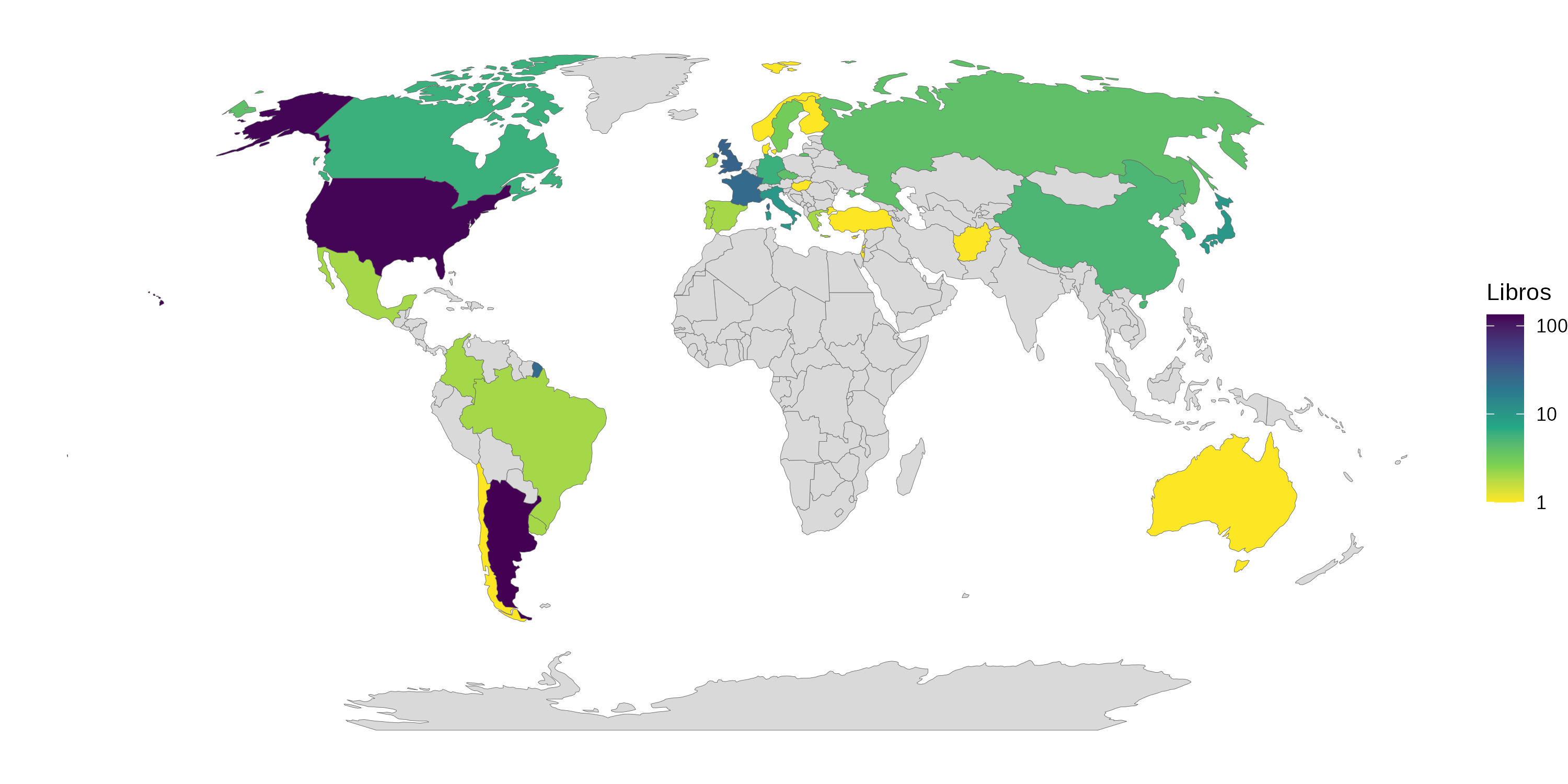 Mapa mundial coloreado por cantidad de libros leídos de autores de cada país, en escala logarítmica; África y gran parte de Asia aparecen en gris, sin libros