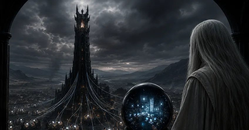 Una torre oscura al estilo de Barad-dûr de la que salen cables hacia una multitud con pantallas; en primer plano, un mago de pelo blanco sostiene una esfera que muestra un centro de datos