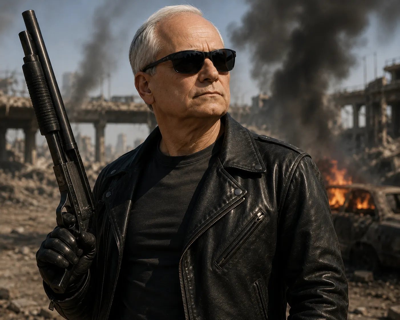 El Papa León XIV con campera de cuero, anteojos negros y escopeta, al estilo Terminator, frente a una ciudad en ruinas